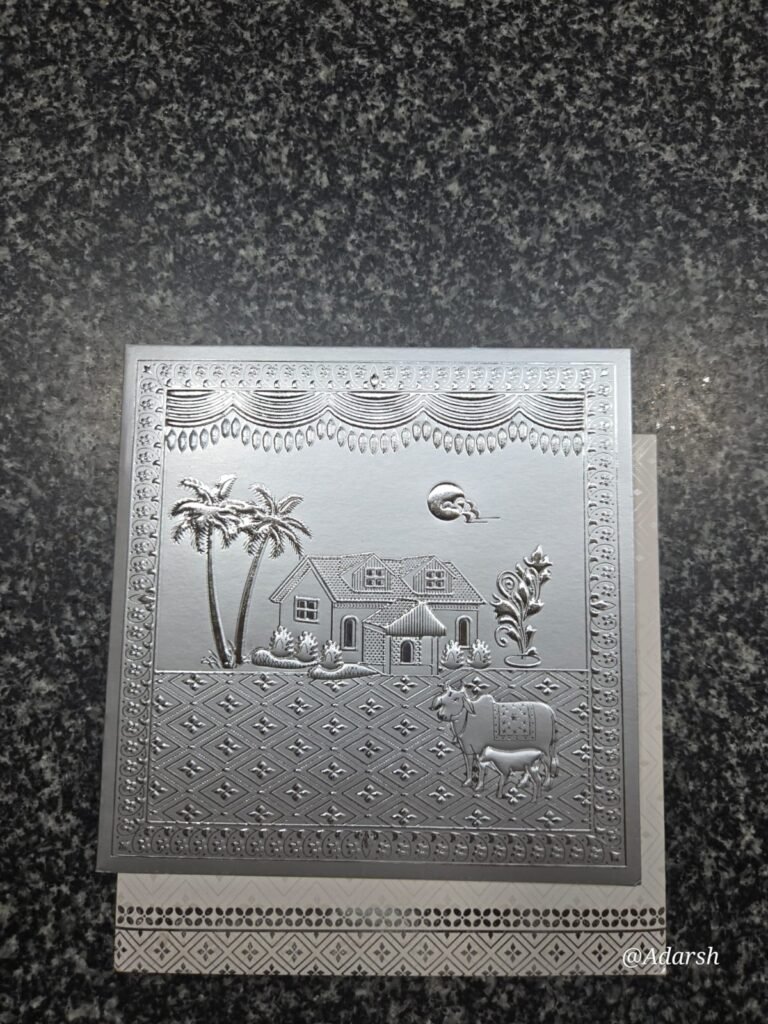 Shimmering Gold Foil Housewarming Invite Set with White Floral Pattern Envelope