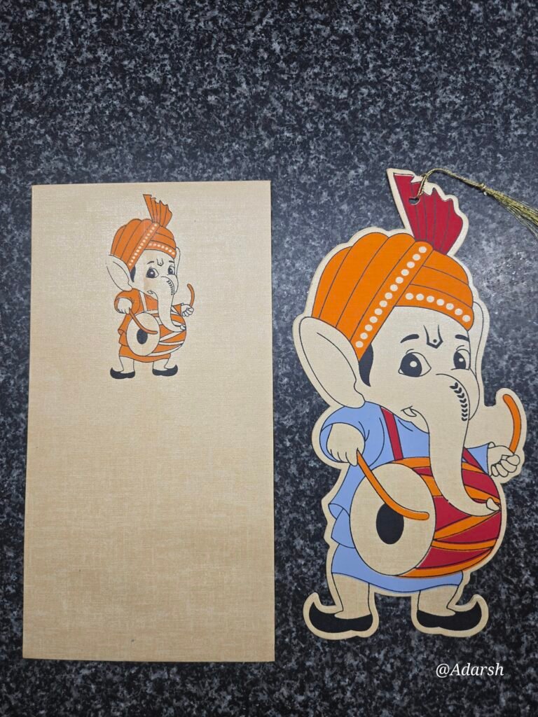 Lord Ganesha Shaped Traditional Blue Outfit Die-Cut Invitation Card with Golden Tassel