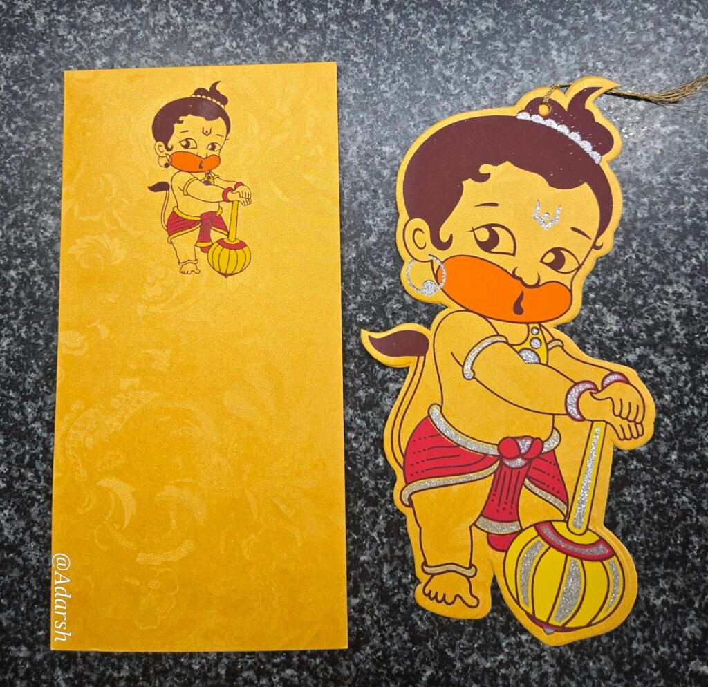Bal Hanuman Theme Traditional Die-Cut Invitation Card with Golden Tassel