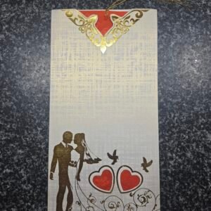 An elegant, vertical cream and red wedding invitation card