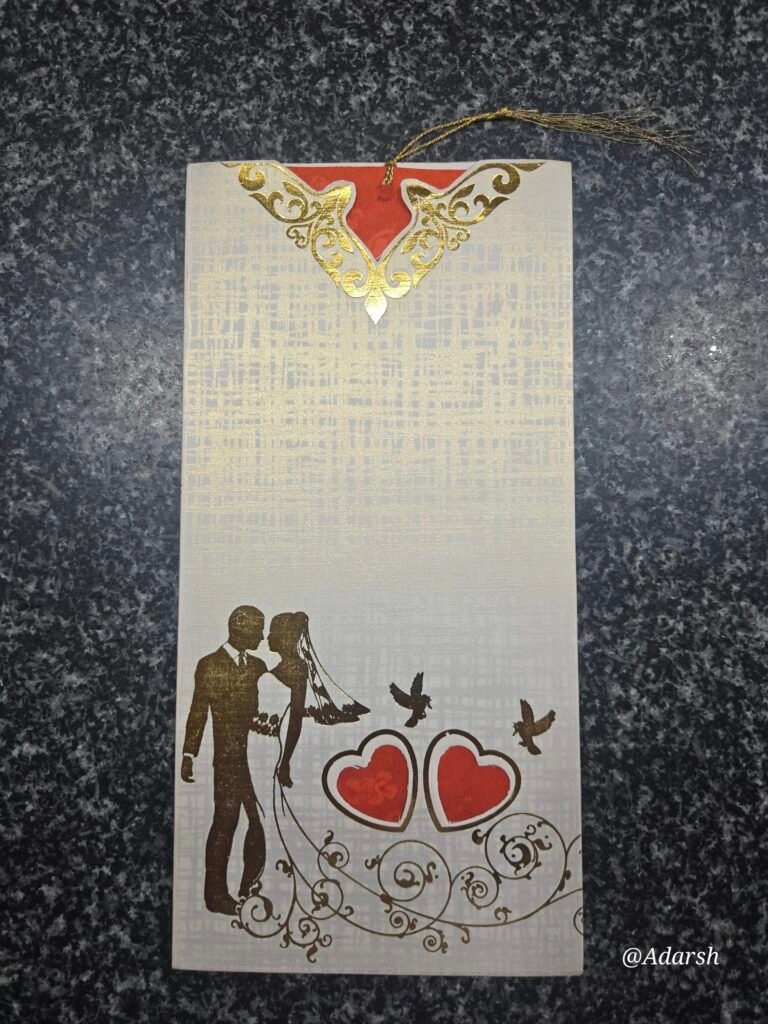 An elegant, vertical cream and red wedding invitation card