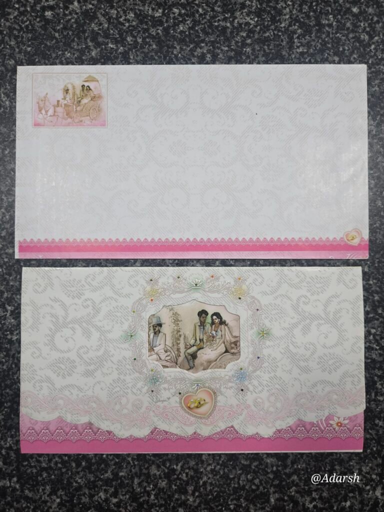 A fairytale-themed white and pink wedding Card