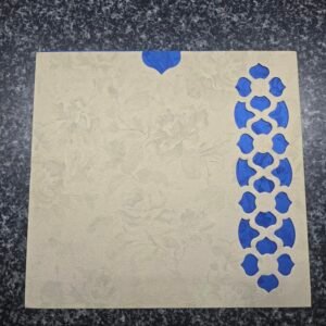 Elegant Cream Shimmer Wedding Invitation Card with Royal Blue Laser-Cut Lattice