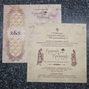 Elegant Blush Pink Hindu Wedding Invitation Card with Laser-Cut Lattice