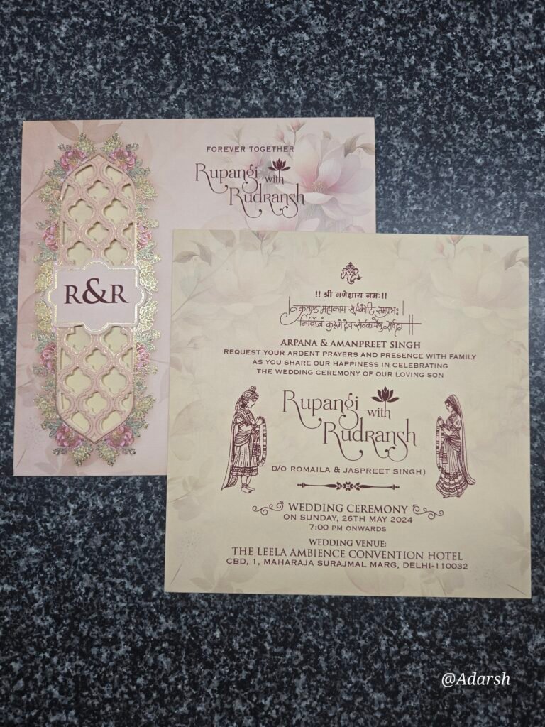 Elegant Blush Pink Hindu Wedding Invitation Card with Laser-Cut Lattice
