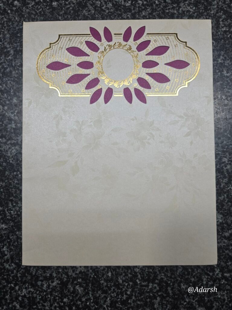 Elegant Cream Wedding Invitation Card with Purple Laser-Cut Floral Plaque