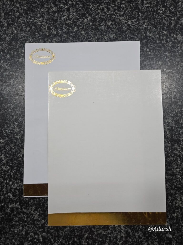 Elegant White Invitation Card with Gold Foil Medallion and Border