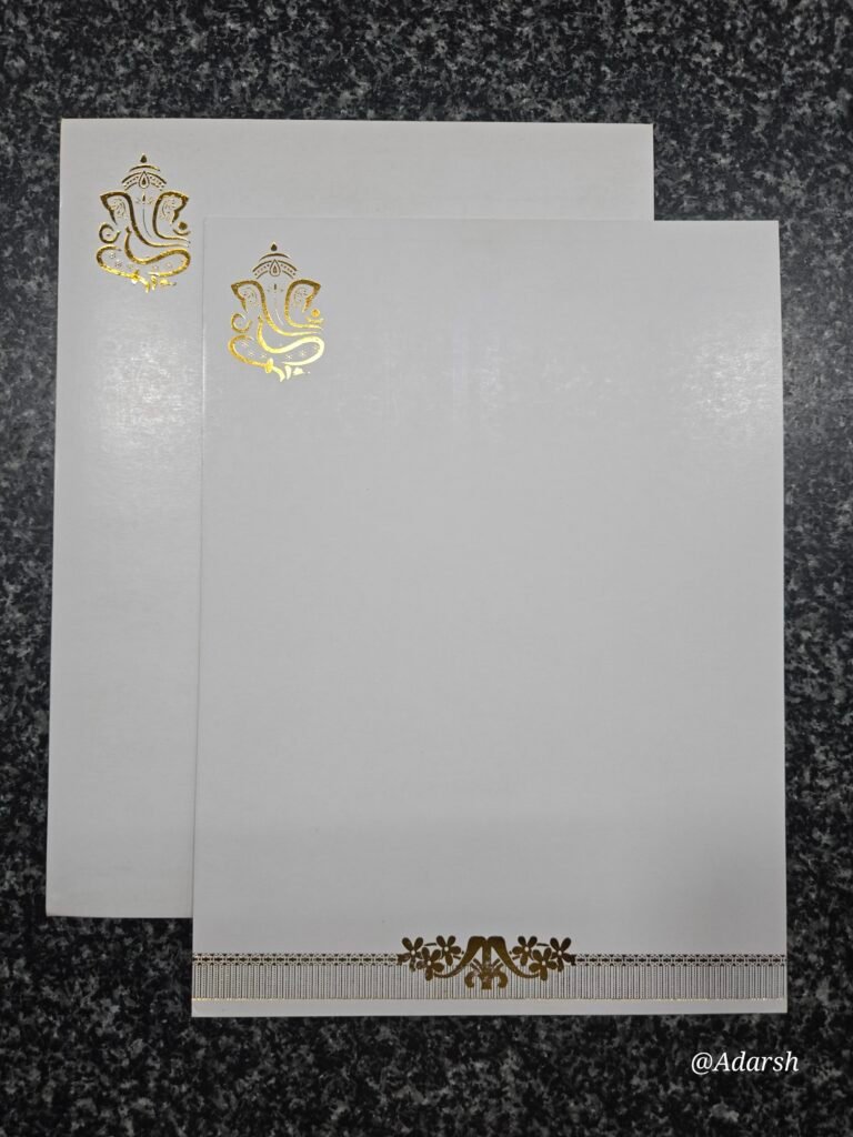 Classic White Hindu Wedding Invitation Card with Ornate Gold Ganesha