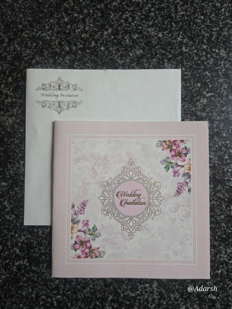 Light Pink Floral Wedding Invitation Card with Vintage Damask Frame.