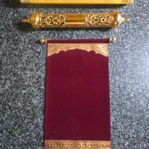 Maroon Velvet Scroll Invitation with a Metallic Gold Case and Box Set