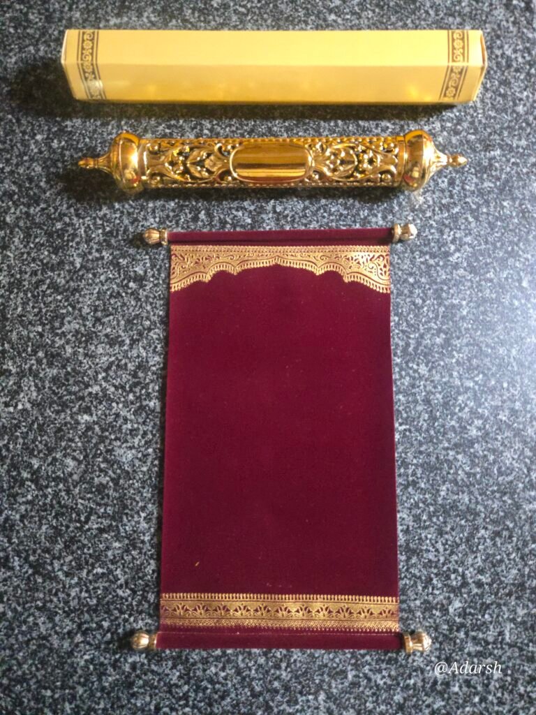 Maroon Velvet Scroll Invitation with a Metallic Gold Case and Box Set