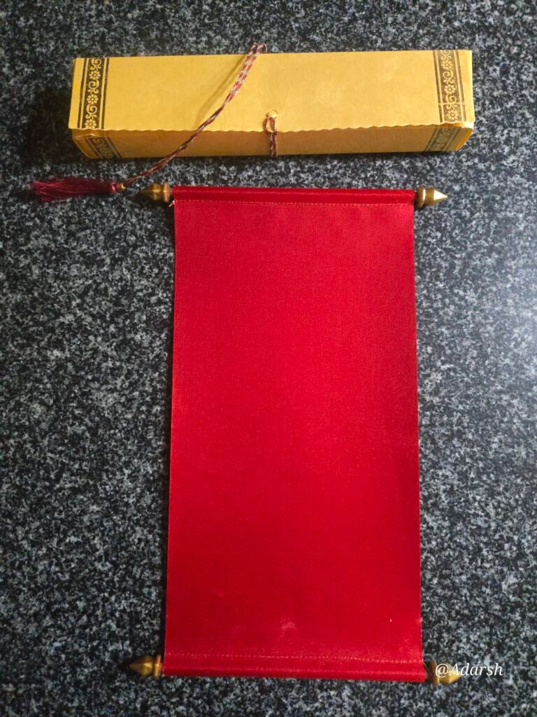 Red Satin Scroll Invitation Card with a Contrast Gold Box