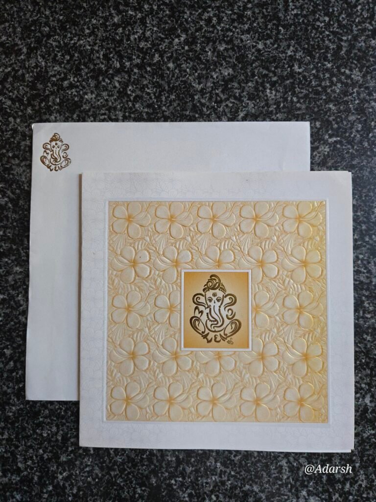 Embossed Golden Floral Ganesha Square Wedding Invitation Card