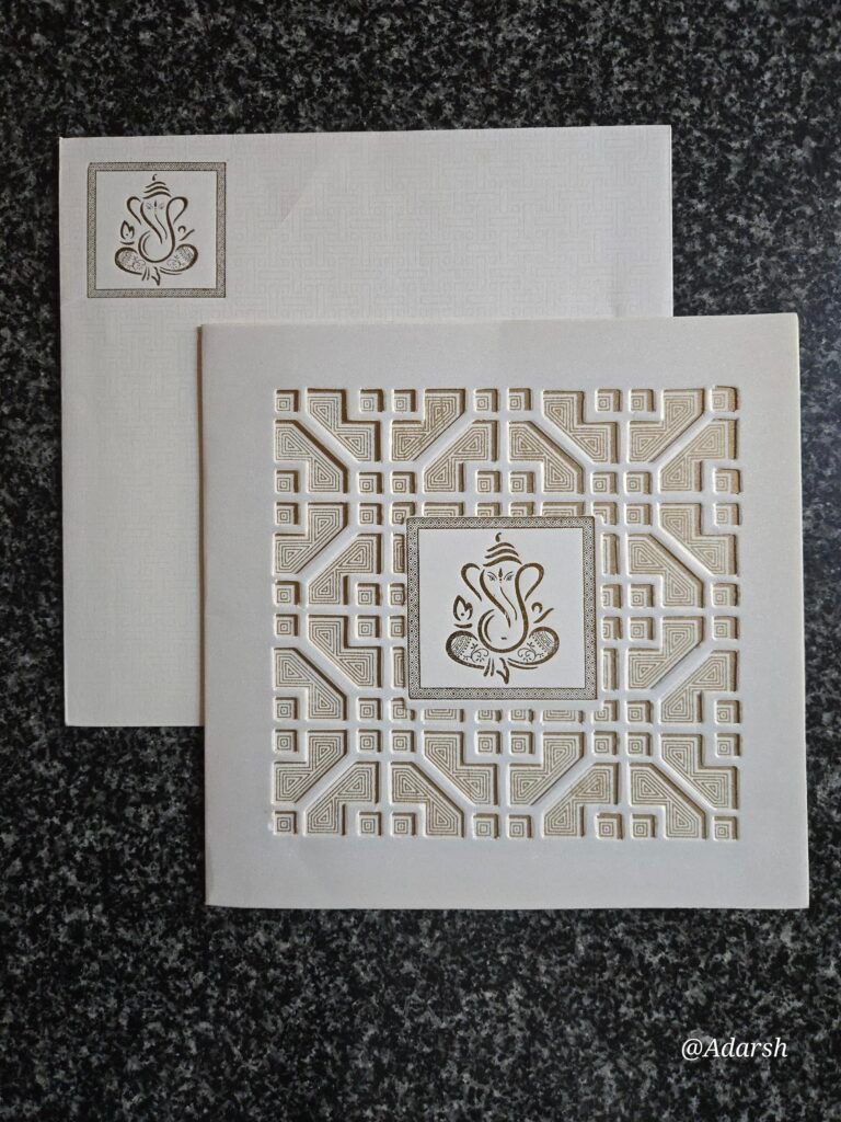 Intricate Laser-Cut Greek Key Geometric Ganesha Wedding Invitation Card