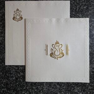 Minimalist Off-White Shimmer Ganesha Wedding Invitation Card
