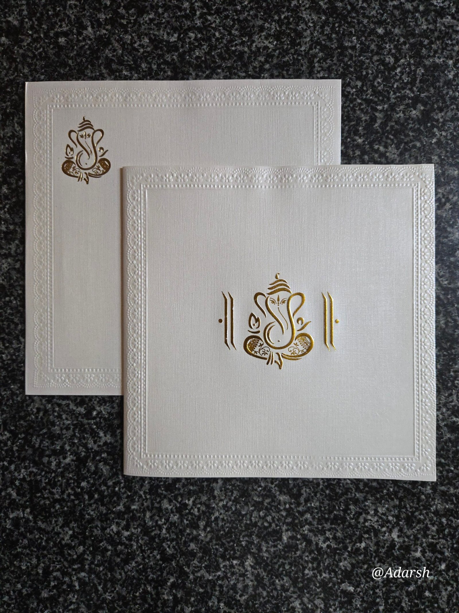 Minimalist Off-White Shimmer Ganesha Wedding Invitation Card