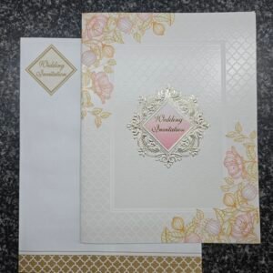 Pink floral cartouche on premium white embossed base Invitation Card