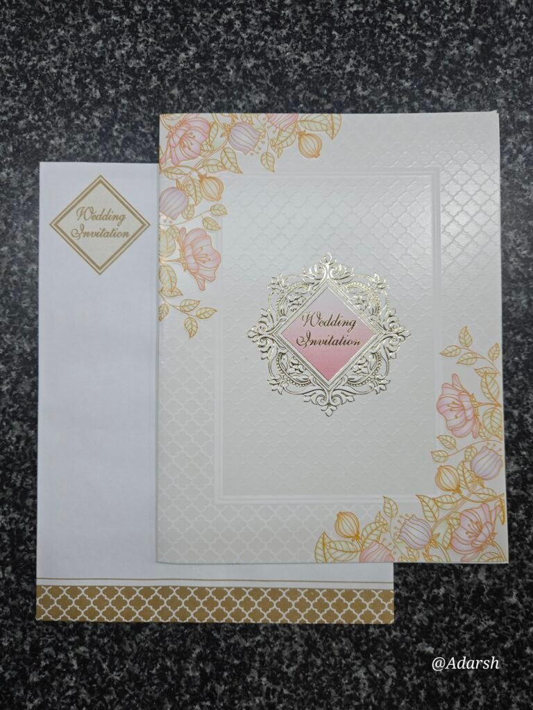 Pink floral cartouche on premium white embossed base Invitation Card