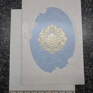 Gold filigree on pastel ice-blue and white embossed base Invitation Card