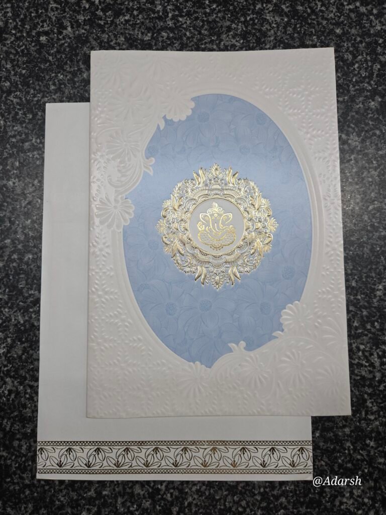 Gold filigree on pastel ice-blue and white embossed base Invitation Card