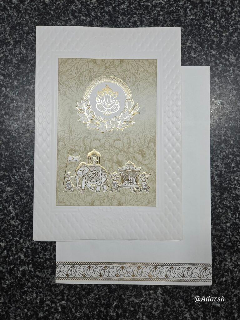 Royal Baraat and Doli on elegant olive-gold and white embossed base Card
