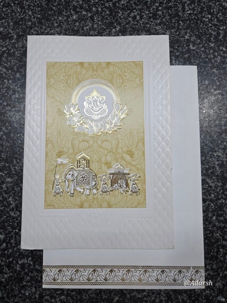 Royal Baraat and Doli on warm cream-gold and white embossed base Card