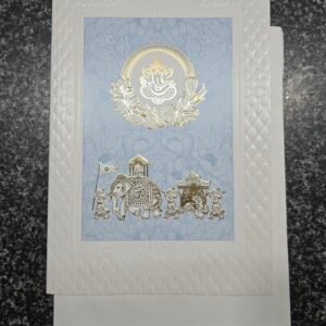 Royal Baraat and Doli on pastel ice-blue and white embossed base Card