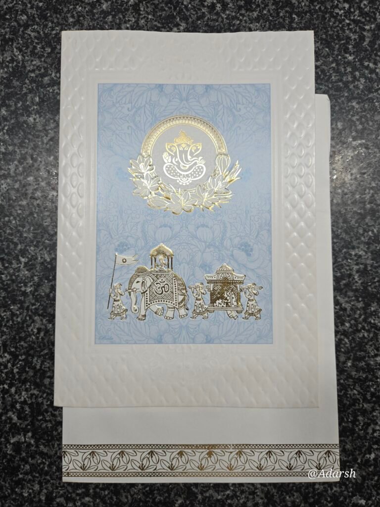 Royal Baraat and Doli on pastel ice-blue and white embossed base Card