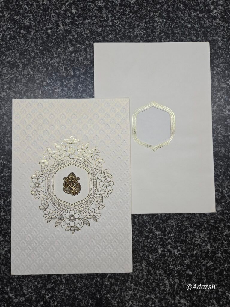 Gold foil arch frame and Ganesha on textured pearlescent base Invitation Card