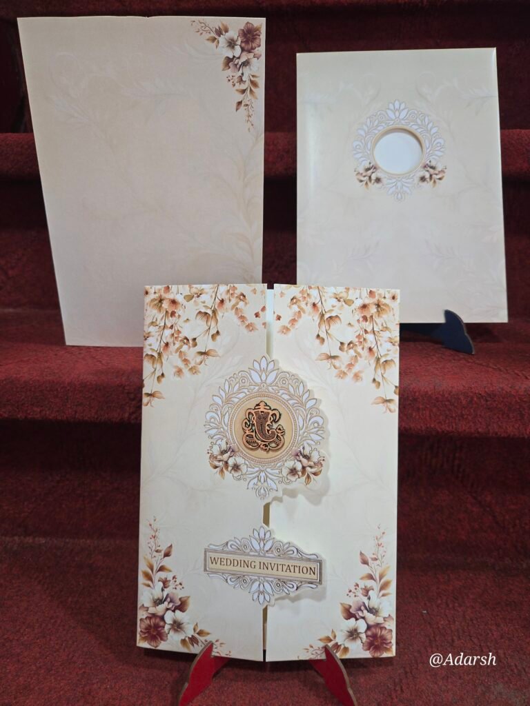 Cream and Golden Brown Floral Gatefold Wedding Invitation Card