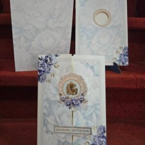 Royal Blue and Grey Pastel Floral Gatefold Wedding Invitation Card