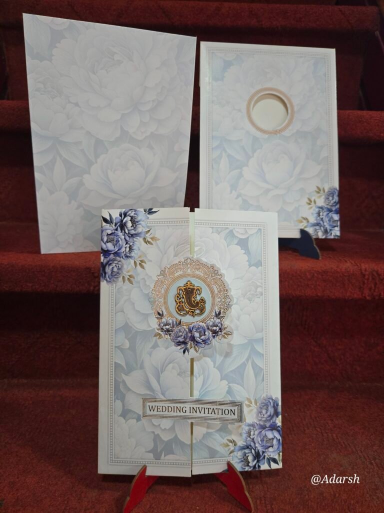 Royal Blue and Grey Pastel Floral Gatefold Wedding Invitation Card