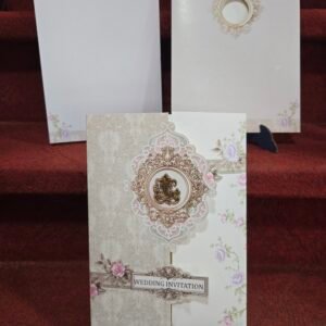 Vintage Beige Damask and Floral Gatefold Wedding Invitation Card