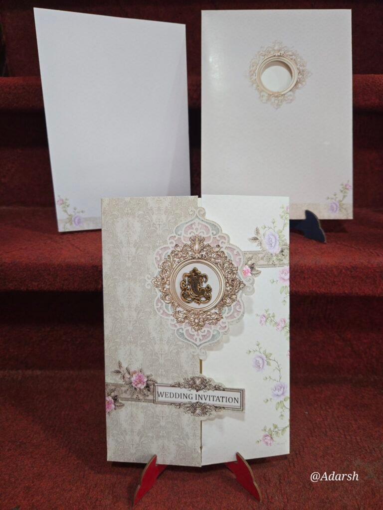 Vintage Beige Damask and Floral Gatefold Wedding Invitation Card