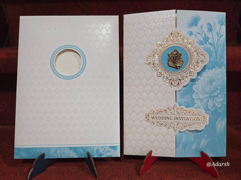 Sky Blue Floral and Self-Embossed Gatefold Wedding Invitation Card