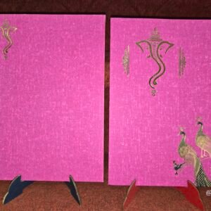 Lord Ganesha and gold foil peacock designs on a pink/magenta Card