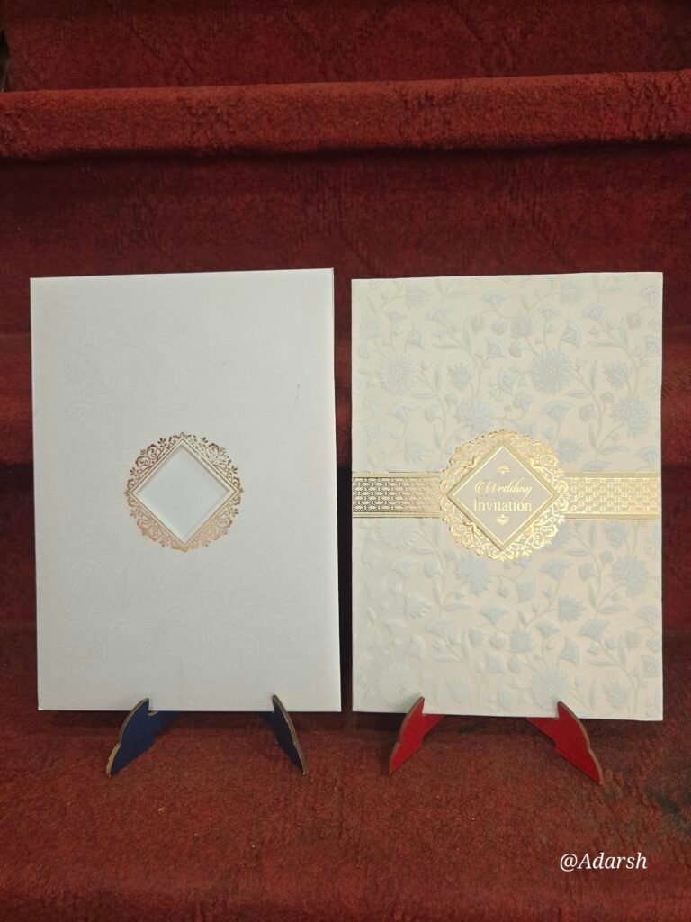 Off-White and Pastel Blue Floral Damask Belt Wedding Invitation Card