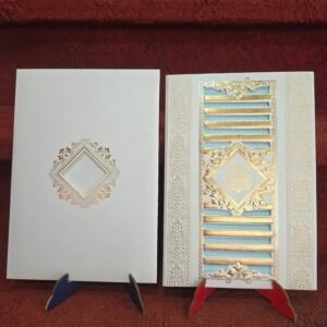 Off-White and Pastel Blue Laser-Cut Lattice Wedding Invitation Card.