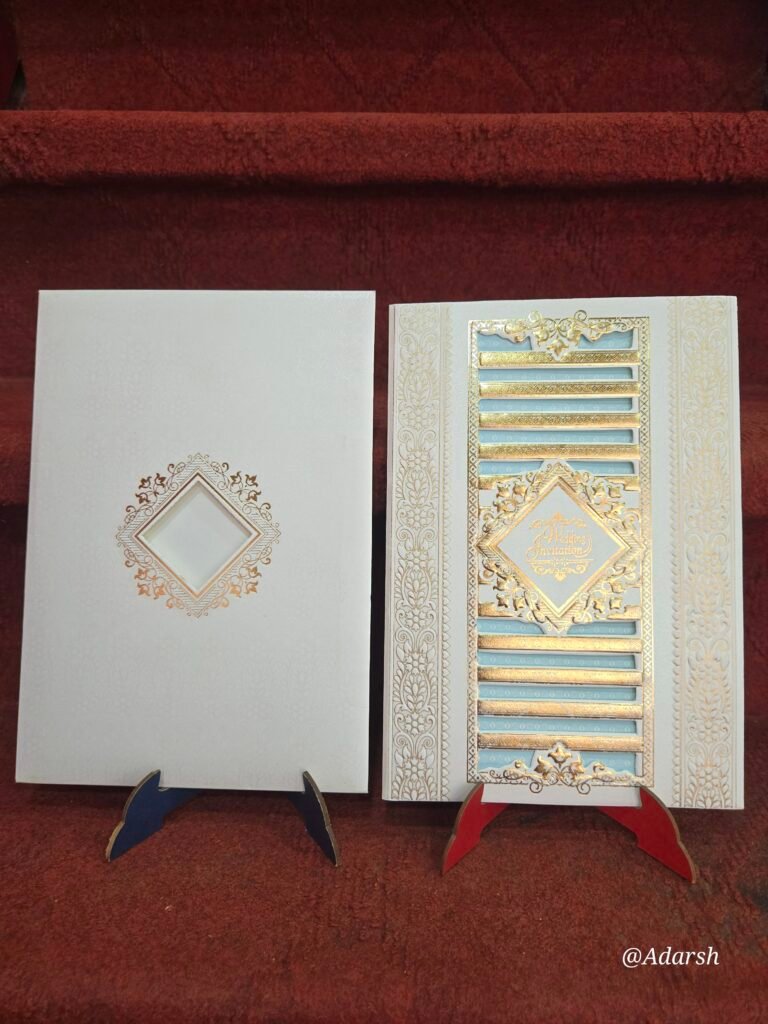 Off-White and Pastel Blue Laser-Cut Lattice Wedding Invitation Card.