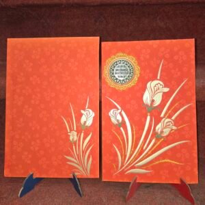 Red and Gold Tulip Floral Motif Wedding Invitation Card.