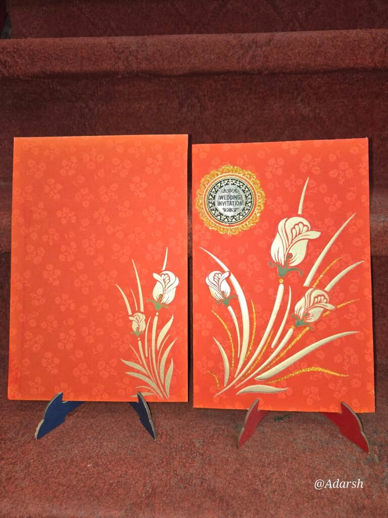 Red and Gold Tulip Floral Motif Wedding Invitation Card.