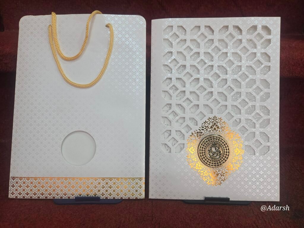 Elegant White and Gold Laser-Cut Bag-Style Wedding Invitation Card