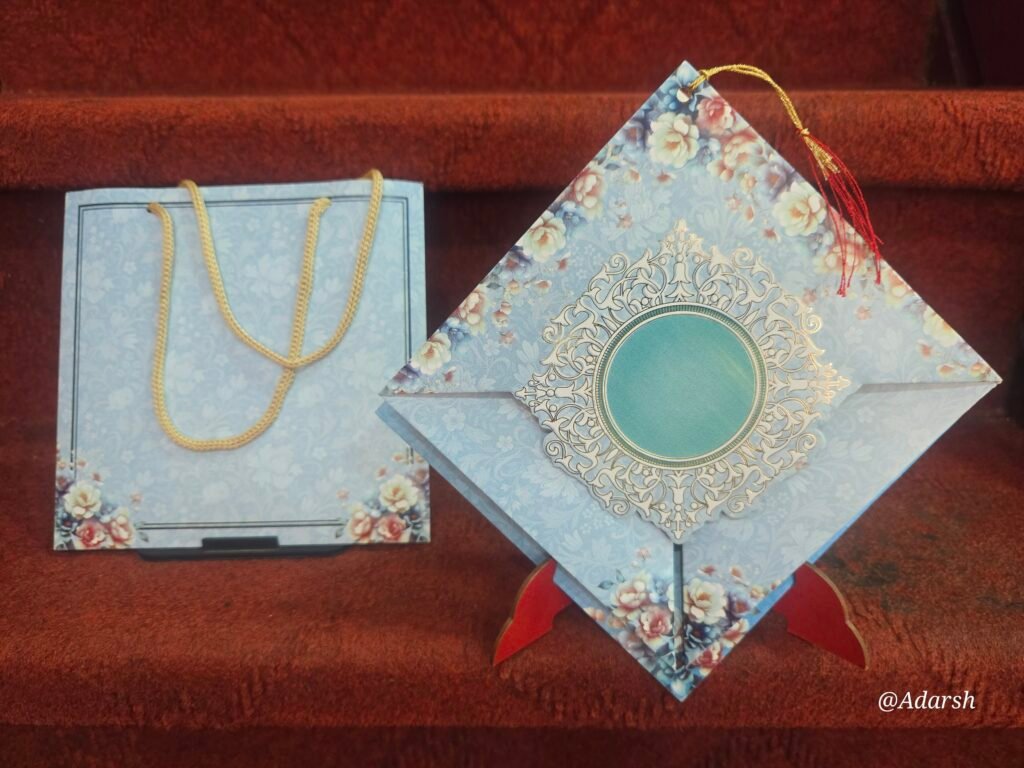 Floral Theme Pastel Blue Bag-Style Wedding Invitation Card