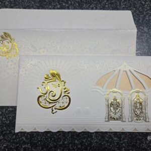 White Ganesha with Balaji Padhavathi under Royal Umbrella Wedding Invitation Card