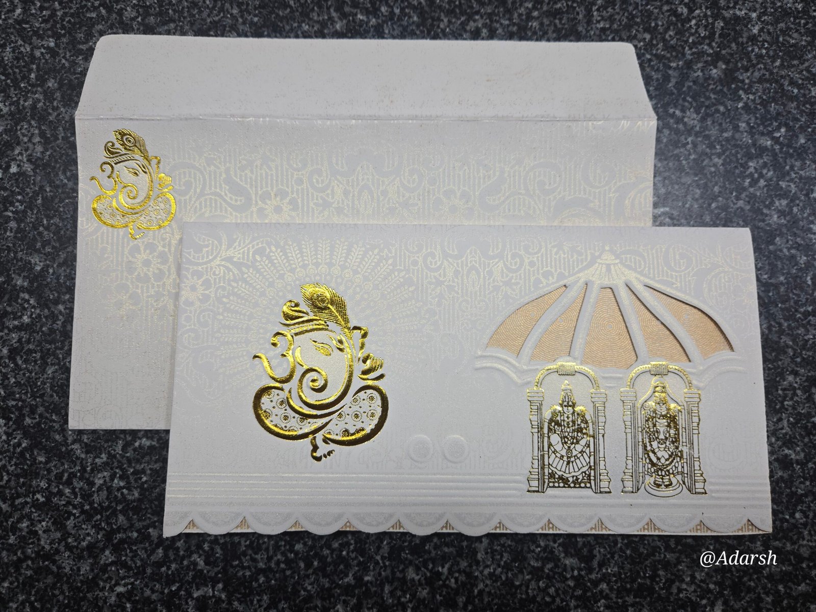 White Ganesha with Balaji Padhavathi under Royal Umbrella Wedding Invitation Card