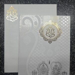 White Shimmer Embossed Om Balaji Wedding Card