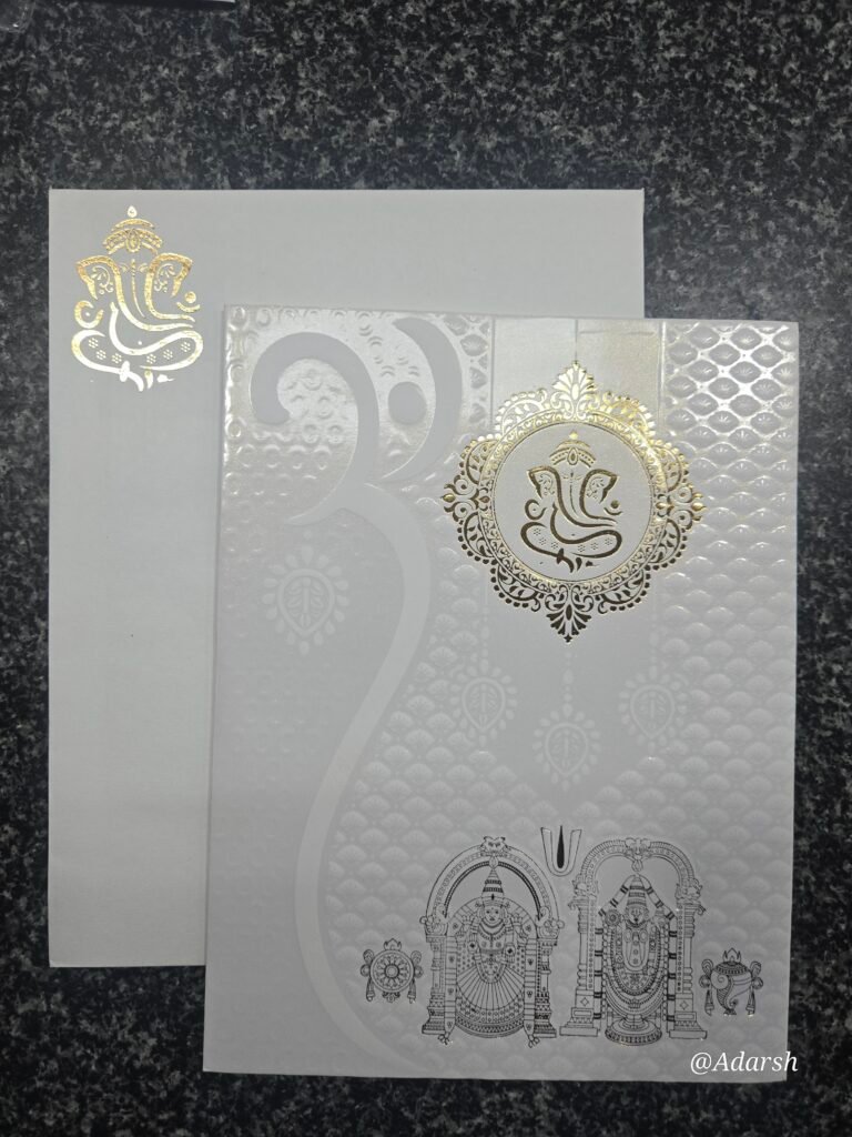 White Shimmer Embossed Om Balaji Wedding Card
