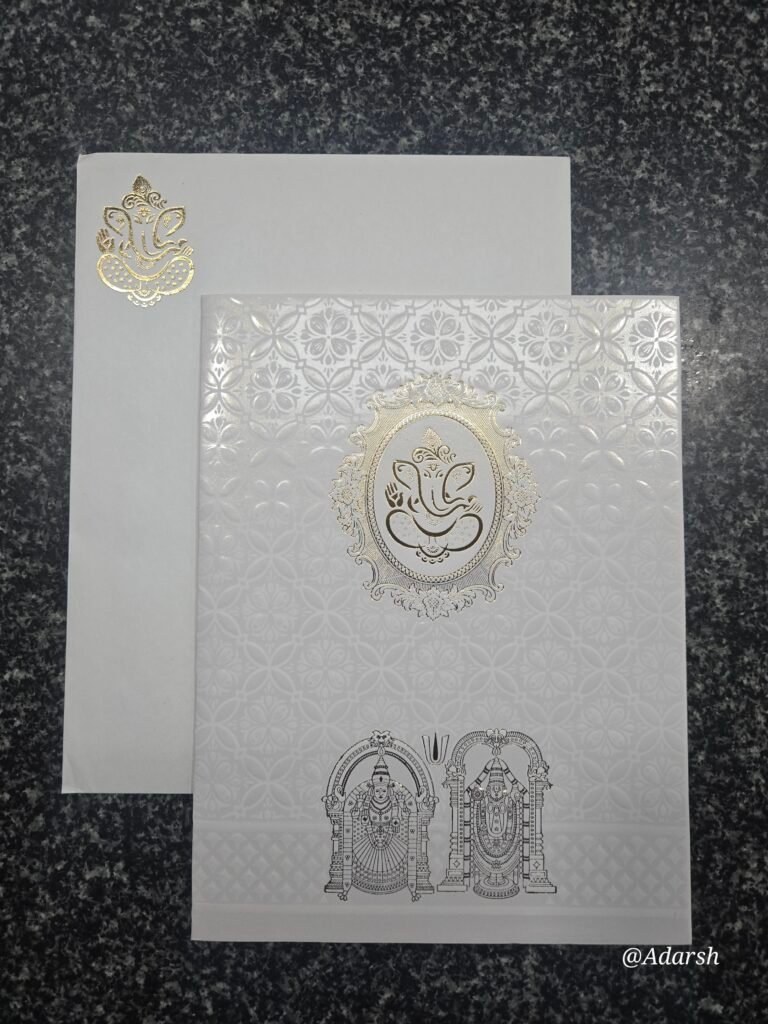 White Shimmer Geometric Laser-Style Balaji Wedding Card