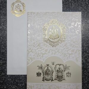 White Shimmer Damask Ganesha Balaji Wedding Card
