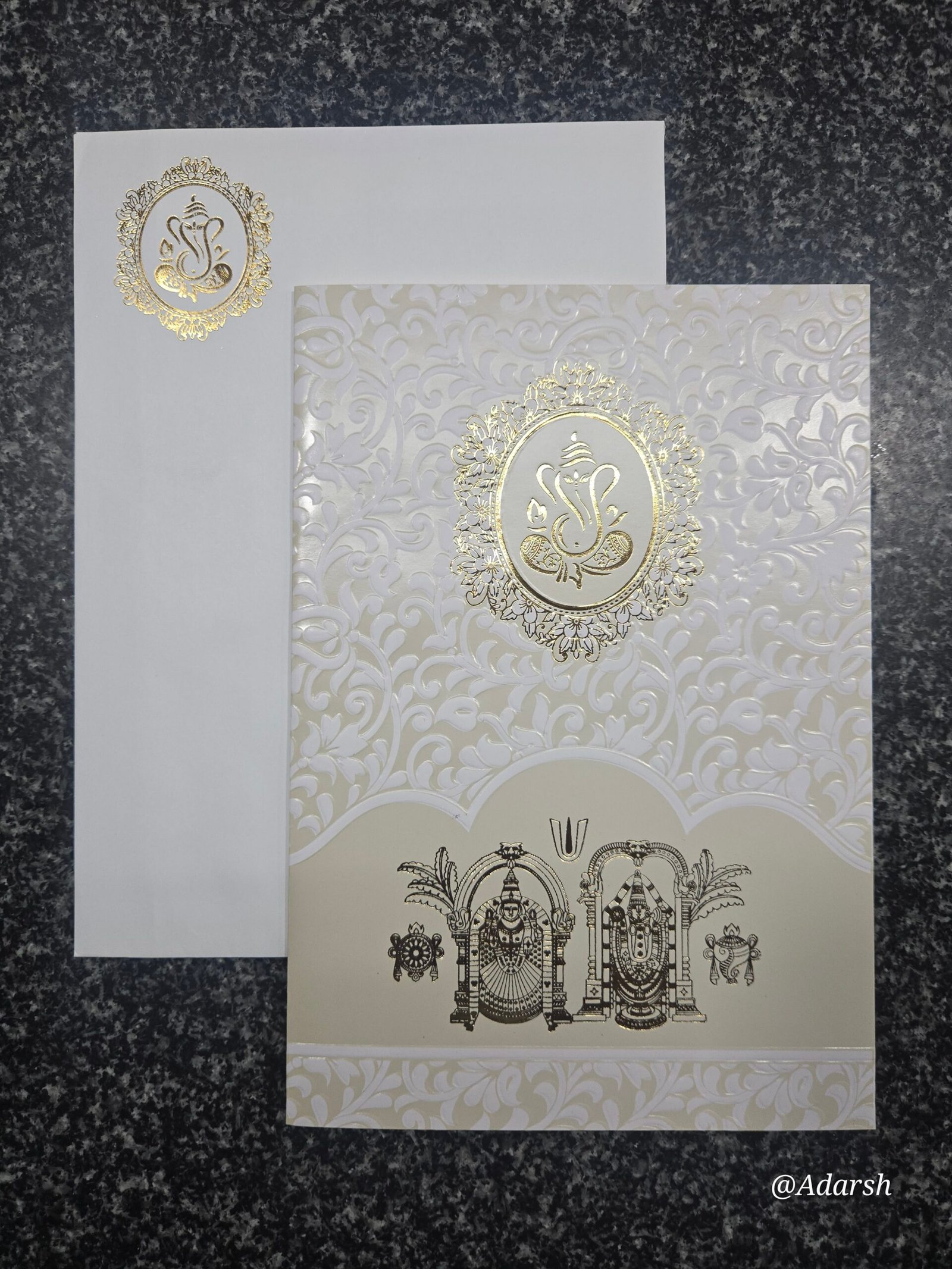 White Shimmer Damask Ganesha Balaji Wedding Card
